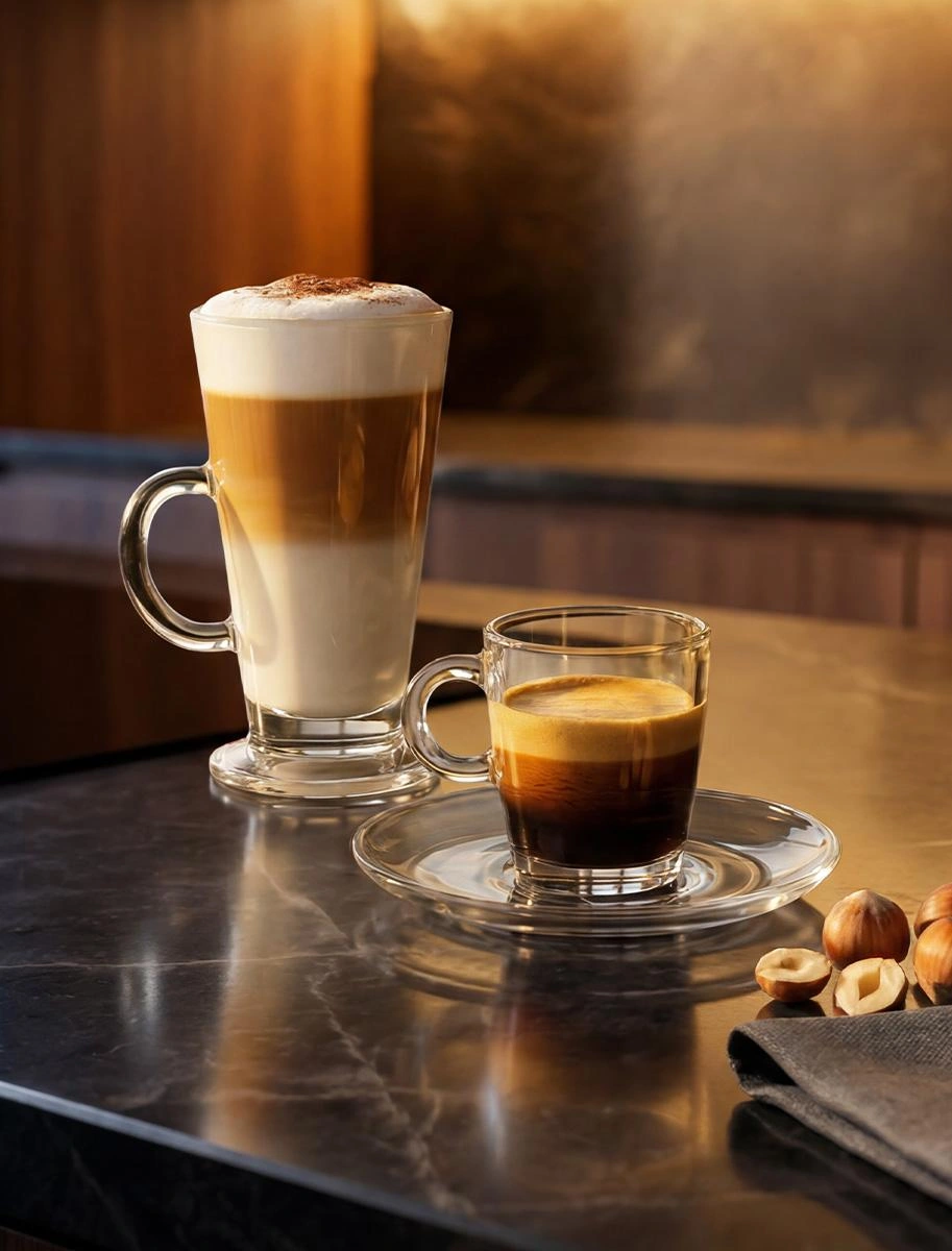 Tres bebidas de café servidas en vasos transparentes, incluyendo latte macchiato, espresso y cappuccino, sobre una mesa con cápsulas L'OR