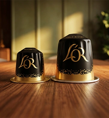 Two L'OR coffee capsules in black and gold packaging, standing side by side on a wooden table.