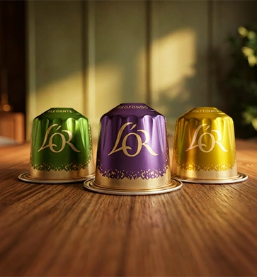 Three L'OR lungo coffee capsules in green, purple and yellow, arranged together on a wooden table.