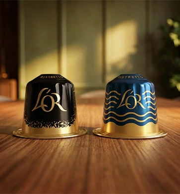 Two L'OR ristretto coffee capsules, one black and one blue with a wave pattern, on a wooden table.