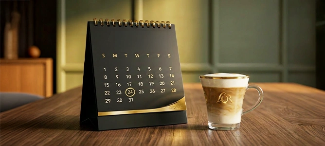 Black desk calendar with a date circled, next to a glass of L'OR latte macchiato on a wooden table.