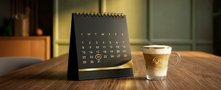 Black desk calendar with a date circled, next to a glass of L'OR latte macchiato on a wooden table.