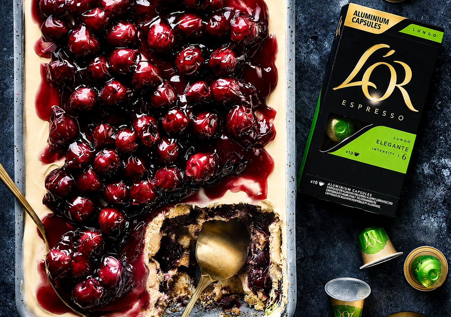 L'OR Espresso Coffee Capsules Pack next to a tray of TiraMonchou