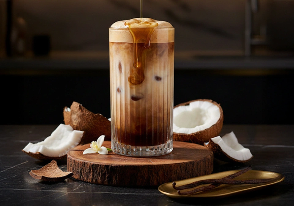 A glass of Icy Vanilla coconut milky coffee next to opened coconut husk
