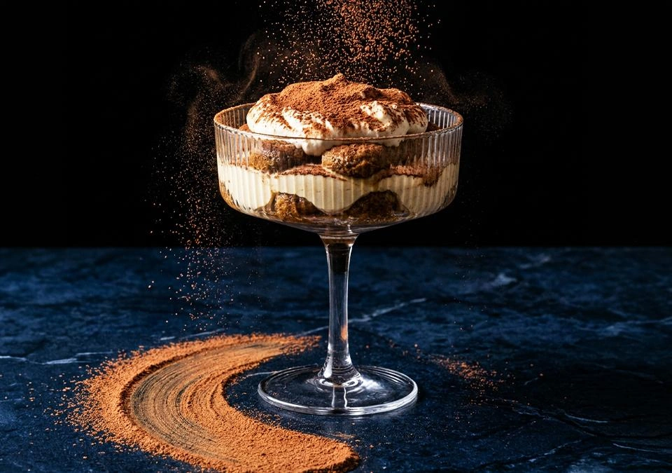 Three glasses of tiramisu infused with L'OR Espresso, on a table with coffee beans and a silver spoon.