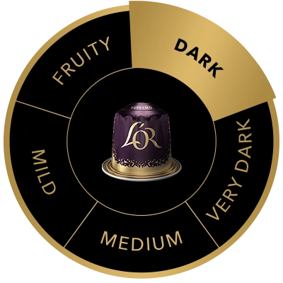 L'OR Supremo coffee capsule on the flavour wheel, highlighting the Dark taste profile