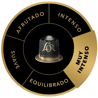 Cápsula de café L'OR Onyx en la rueda de sabores, destacando el perfil de sabor Muy intenso