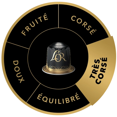 Capsule de café L'OR Onyx sur la roue des saveurs, mettant en avant le profil Très corsé