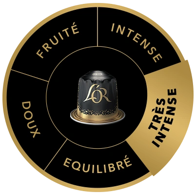 Capsule de café L'OR Onyx sur la roue des saveurs, mettant en avant le profil Très corsé