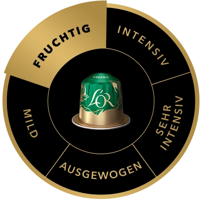 L'OR Bio Organic 9 Kaffeekapsel auf dem Geschmacksrad, hervorgehoben ist das Geschmacksprofil Fruchtig