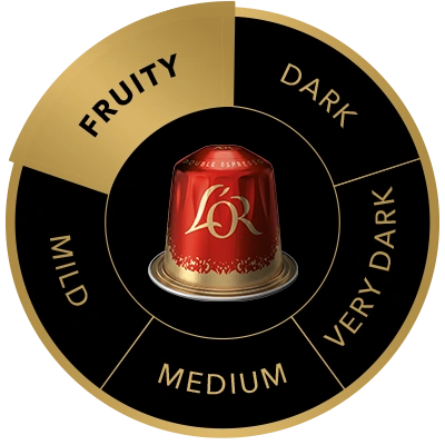 L'OR Double Espresso 7 coffee capsule on the flavour wheel, highlighting the Fruity taste profile