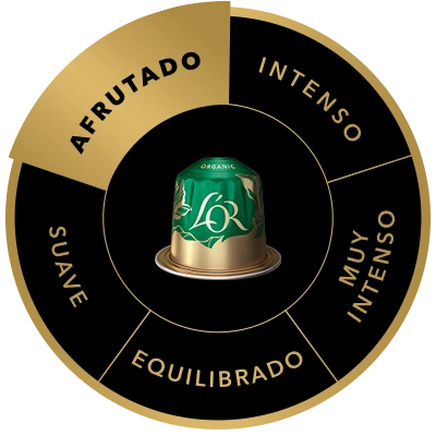 Cápsula de café L'OR Bio Organic 9 en la rueda de sabores, destacando el perfil de sabor Afrutado