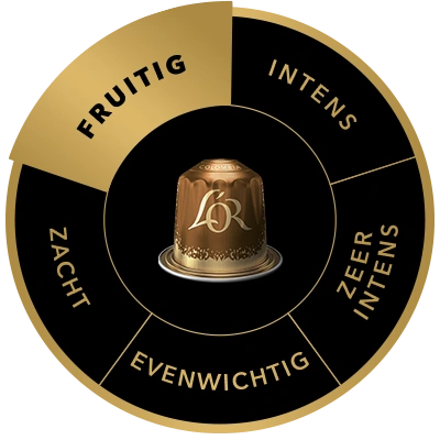 L'OR Colombia koffiecapsule op het smaakwiel, met het smaakprofiel Fruitig uitgelicht