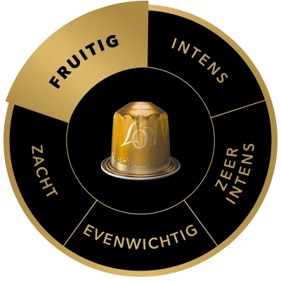 L'OR Guatemala koffiecapsule op het smaakwiel, met het smaakprofiel Fruitig uitgelicht