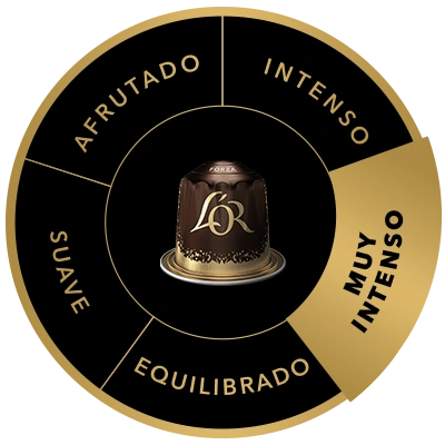 Cápsula de café L'OR Forza en la rueda de sabores, destacando el perfil de sabor Muy intenso