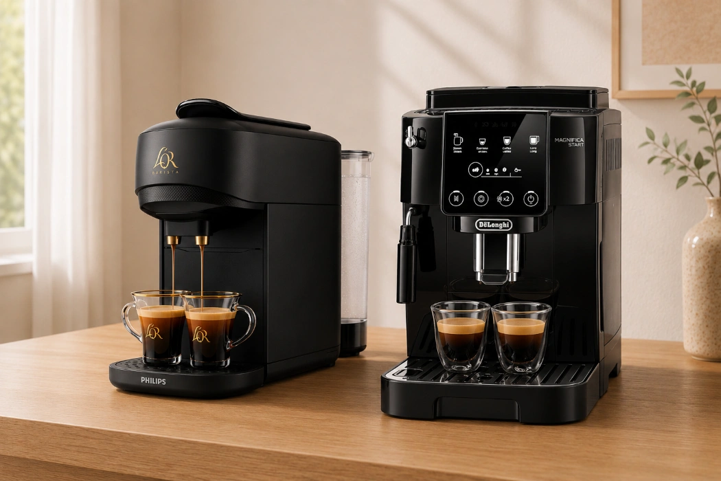 L'OR Espresso Coffee machine and DeLonghi Coffee machine on a tabletop