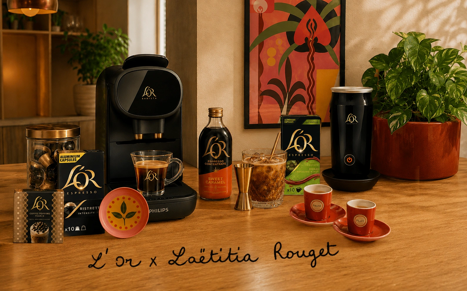 L'OR Espresso coffee machines and products on the table, with text L'OR x Laetitia Rouget under them