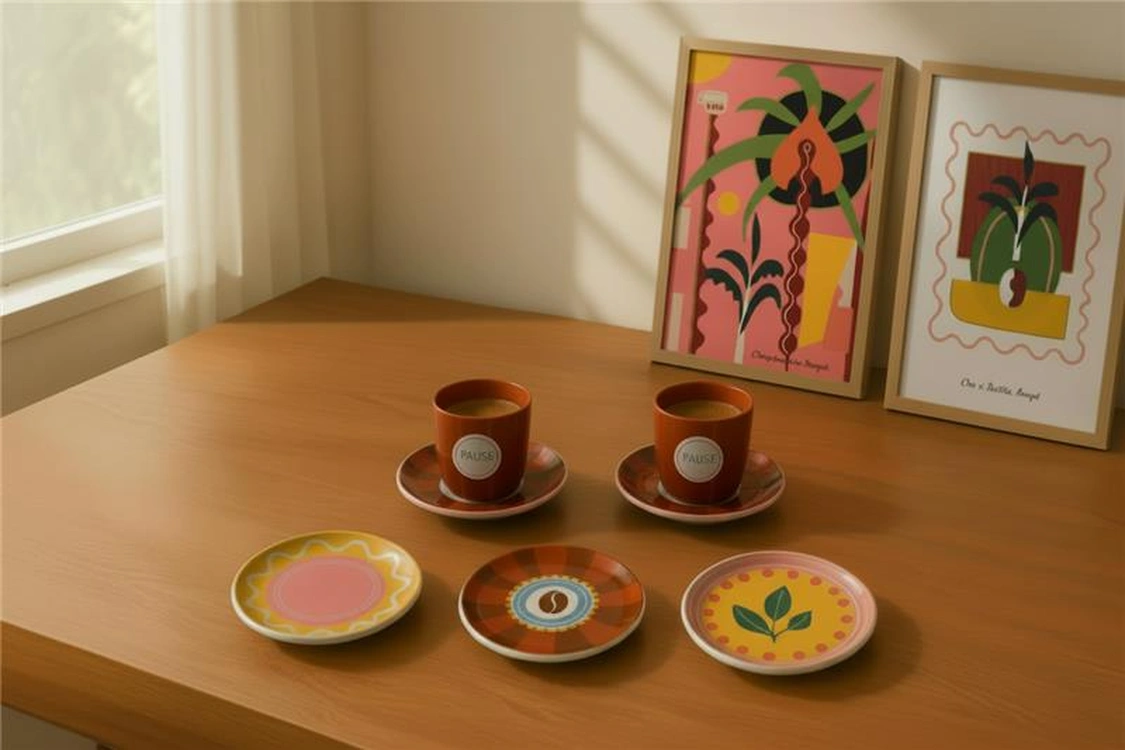 A set of ceramic coffee cups and plates in front of paintings on the table top