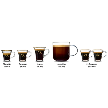 6 L'OR Espresso coffee cups with different sizes