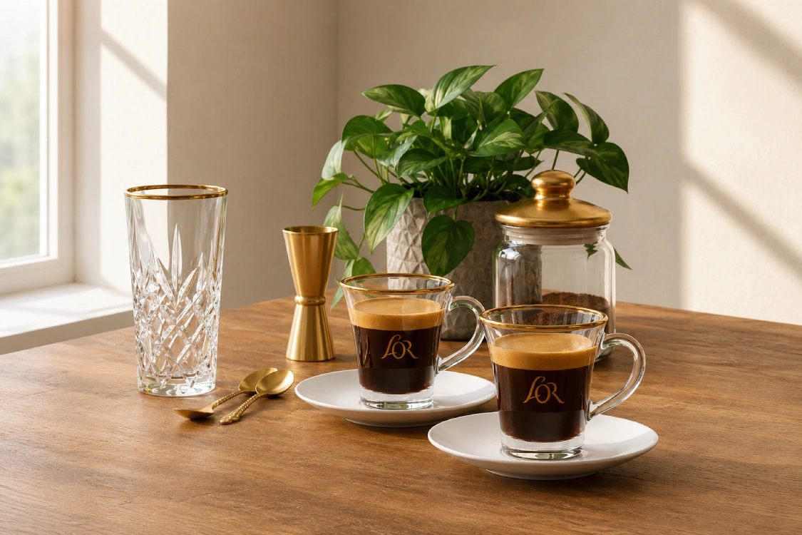 A set of L'OR espresso coffee glasses and tableware