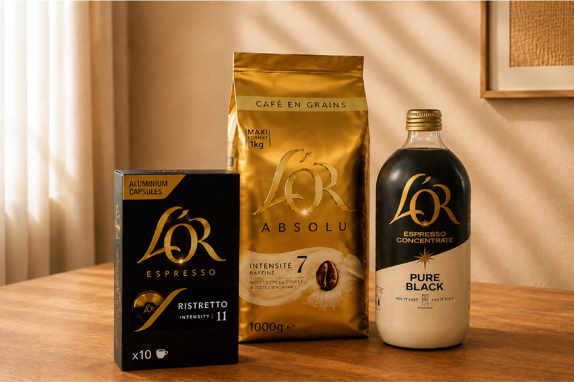L'OR Espresso coffee capsules pack, beans pack, and liquid concentrate bottle