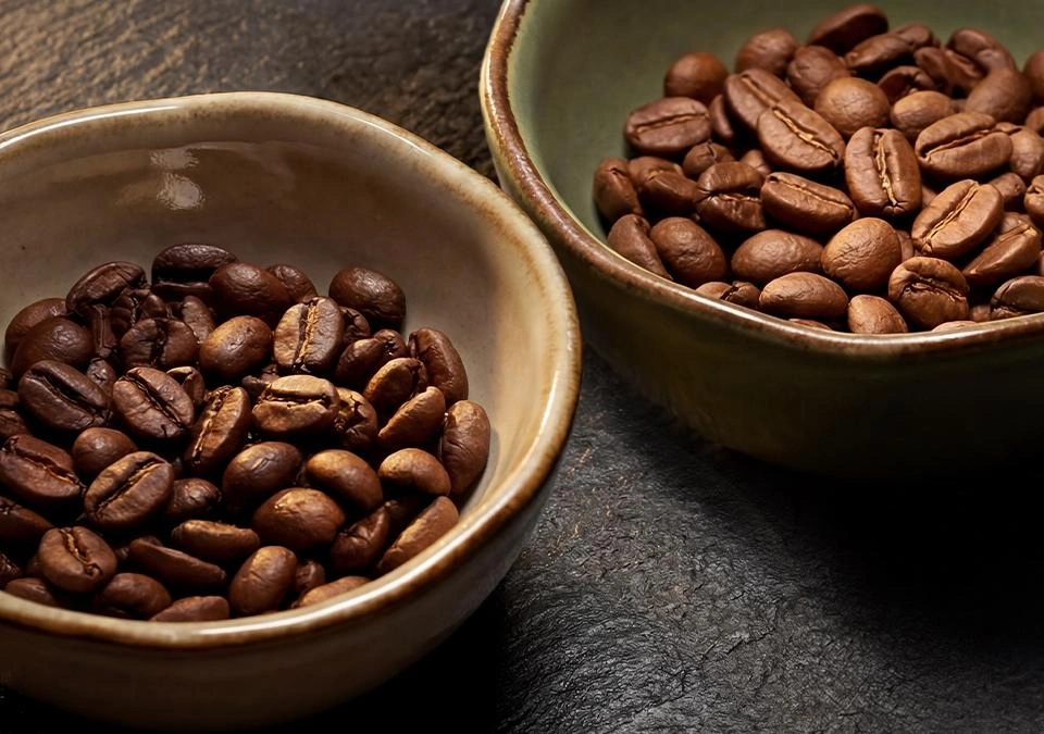 Two bowls filled with light- and dark-roasted coffee beans.