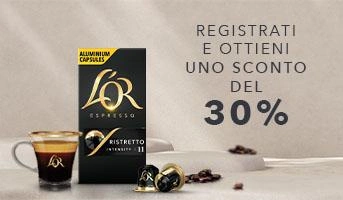 Capsule di caffè L’OR Espresso in alluminio con una tazzina di espresso e uno sconto del 30%