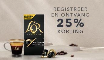 Verpakking L’OR Espresso aluminium capsules naast een espresso, met een aanbieding van 30% korting.