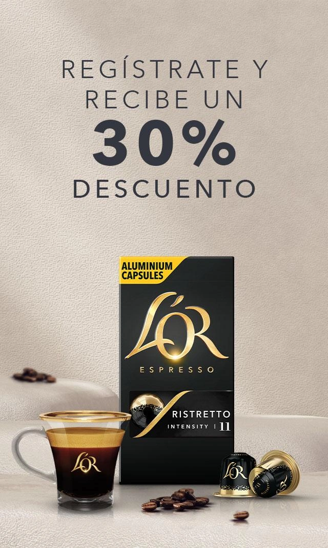 Cápsulas de café L’OR Espresso de aluminio junto a una taza de espresso con un 30 % de descuento por registro.