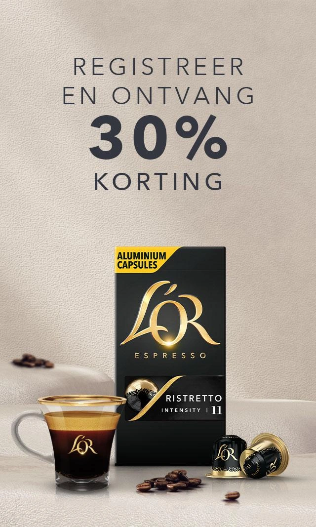 L’OR Espresso aluminium koffiecapsules met een kopje espresso en een inschrijfkorting van 30%.