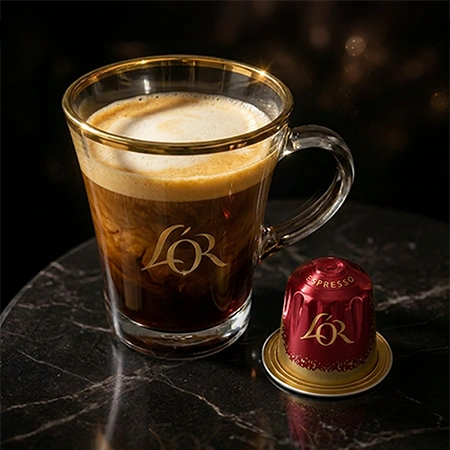 Taza de espresso L'OR en una mesa con cápsulas de café colocadas al lado
