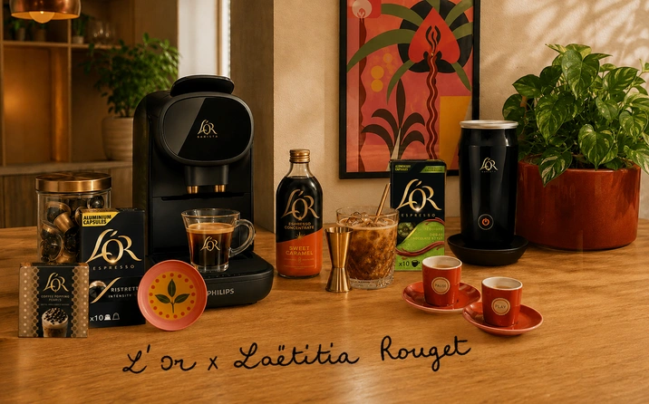 L'OR Espresso coffee machines and products on the table, with text L'OR x Laetitia Rouget under them